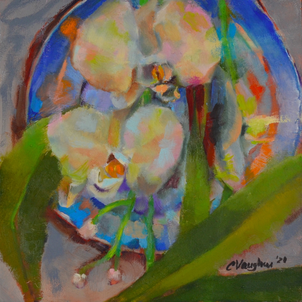 “Orchid with Blue Plate”  8x8